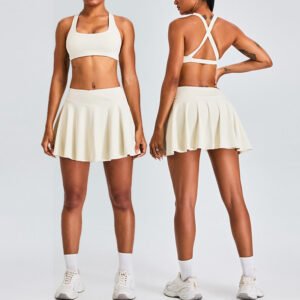 Cross Strap Tennis Skirt Suit Sports Gym Fitness 2Piece Set
