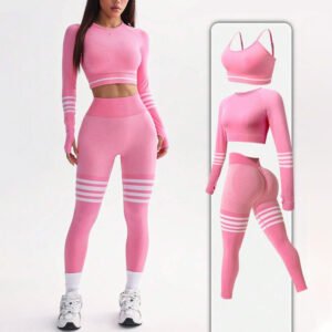 Pink long sleeve Thumb Hole Push Up Bra Yoga Set