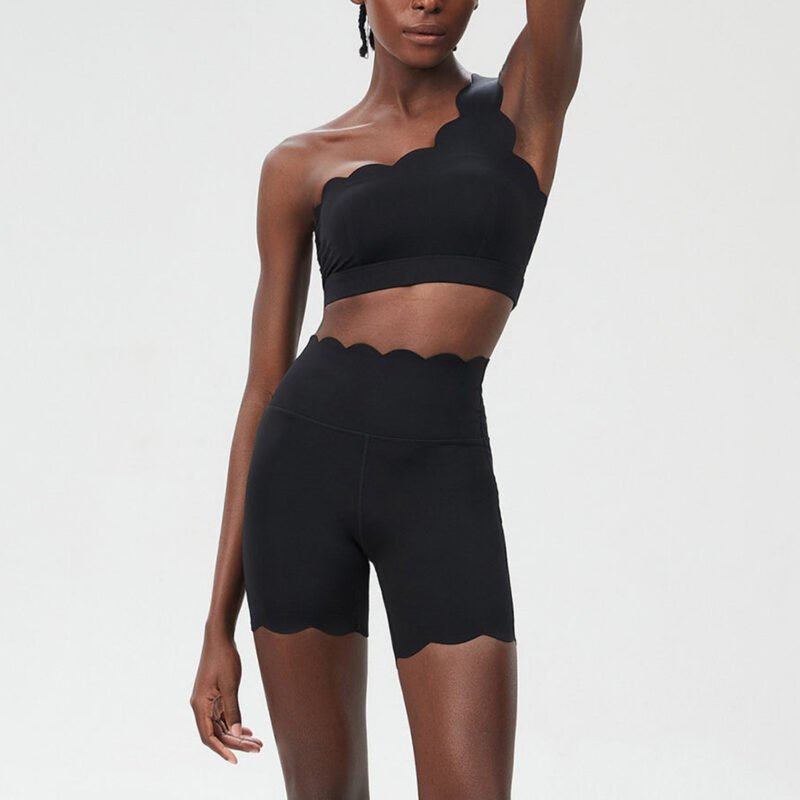 Irregular One Shoulder Lace Sports Bra Yoga Shorts Set - Image 3