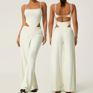 White Adjustable Suspenders Side Hollow Yoga Jumpsuit
